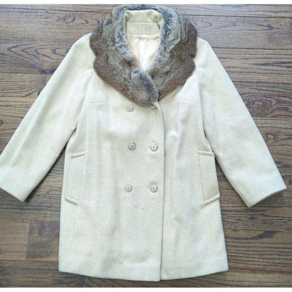 Vintage 70s Wool Blend Beige Double Breasted‎ Coat Real Fur Collar Sz M/L READ